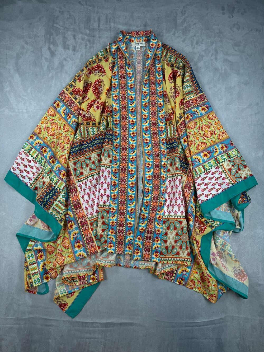 Umgee Women's Cardigan Kimono Floral Teal/Yellow/Red Boho Hippie Size S/M